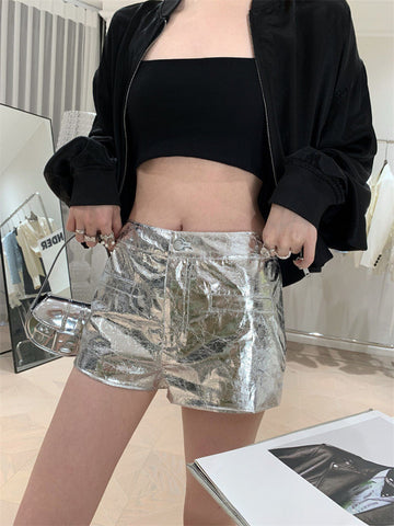Silver high-waisted A Small Print Wide-Leg Tummy-Control Long-Legging Leather Shorts