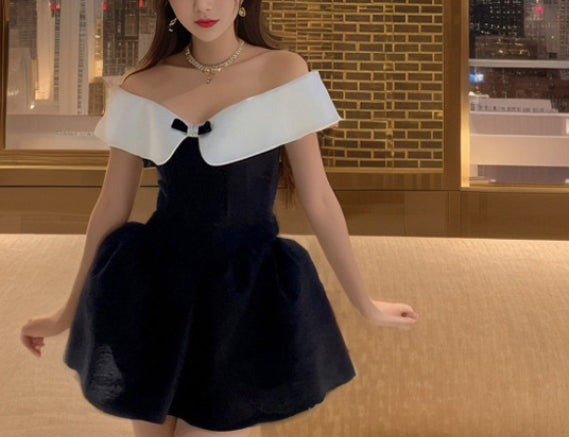 French Style Off-Shoulder Strapless Little Black Dress for Women, Unique Design, Elegant Black Fairy Puff Dress