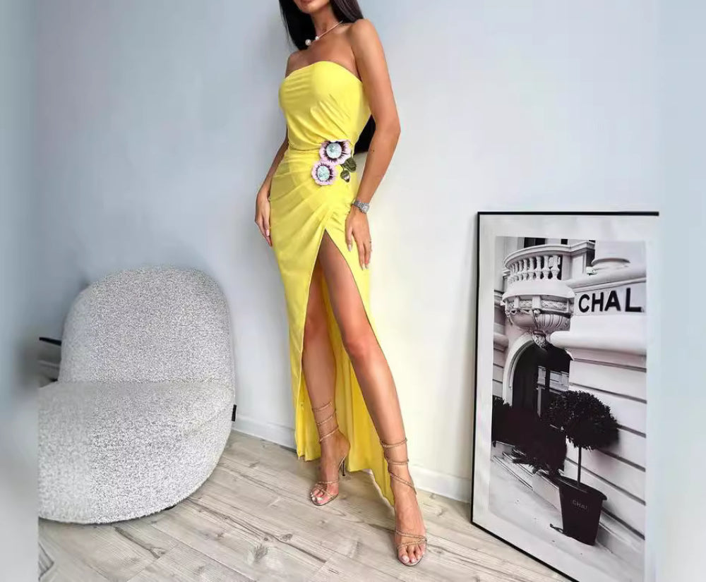 Yellow Three-Dimensional Embroidered Dress Long Tube Top Dress