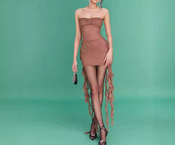 Beading Design Strapless Ruched Nine-Tailed Fox Style Ribbon Mesh Rhinestone Sexy Slightly Transparent Dress for Women