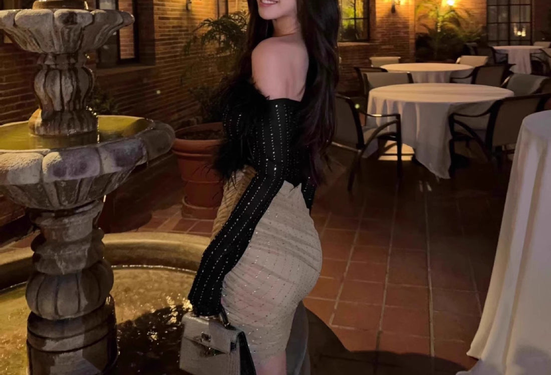 Off-Shoulder Color-Block Rhinestone Dress Slim Fit Slimming Hot Girl Dress for Women