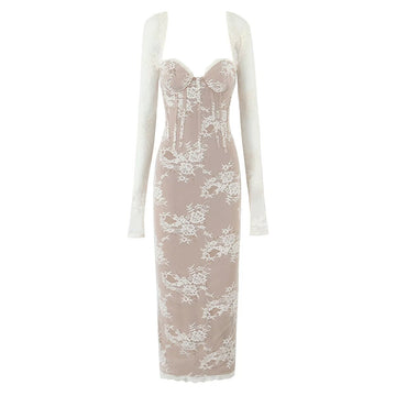 Pure Desire Sexy Lace Long Sleeve Slim Fit Slimming Square Neck Mid-Length Split Dress