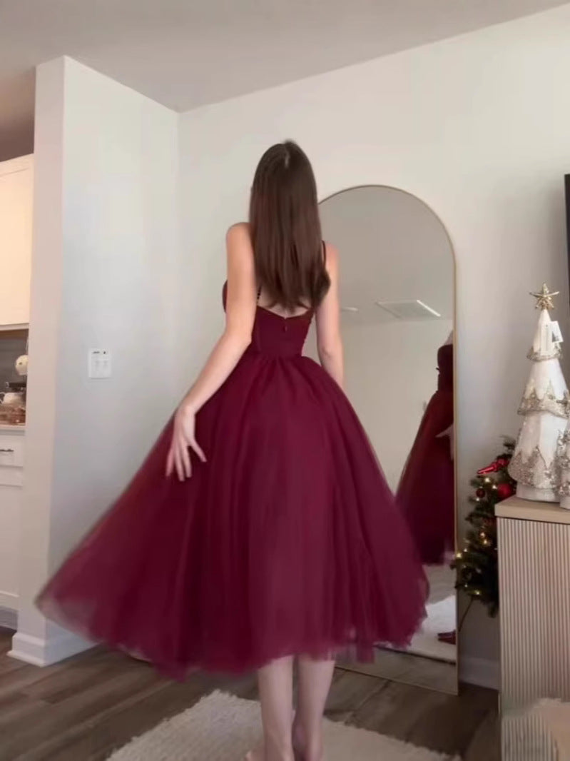 Fairy Princess Dress Wine Red Waist Slimming Mesh Puff Mid-Length Dress for Women
