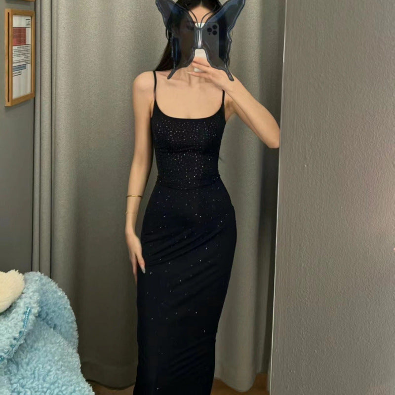 skims American Style Elegant Temperament Rhinestone Slim Fit Strap Dress Hot Girl Bodycon Date Long Dress