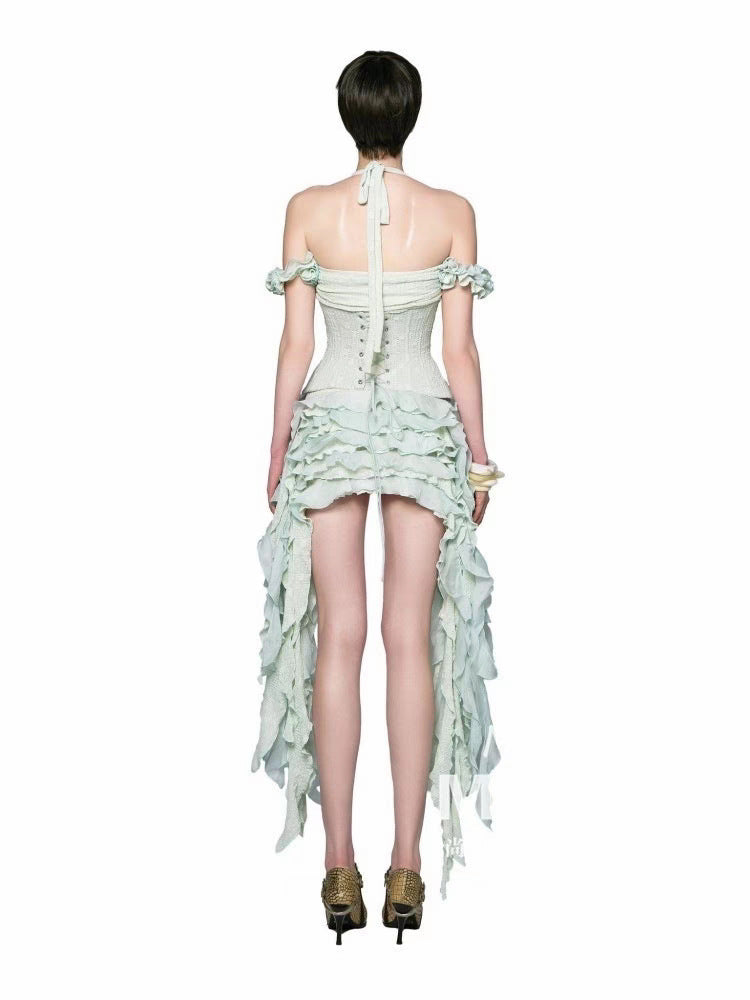 Sexy Halter Neck Three-Dimensional Floral Beach Vacation Irregular Tassel Dress