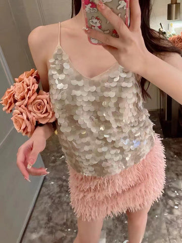 BLING Glittering Sequin Camisole Short Inner Base Shirt Women