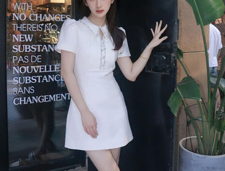 Summer Short Sleeve Heavy Beaded Waist-Cinching a Word Skirt