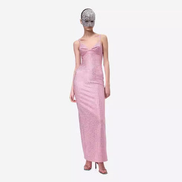 Elegant Slit Strap Sequin Lotus Color Dress French High-end Style