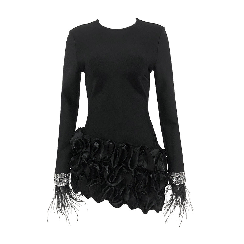 Hepburn Style Layered Ruffle Irregular Long Sleeve Black Bandage Dress