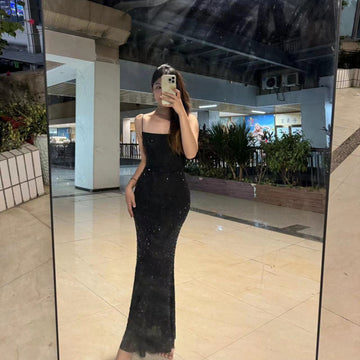 Black Sparkling Rhinestone Strap Dress High-End Luxury Slimming Niche Party Birthday Sexy Long Gown
