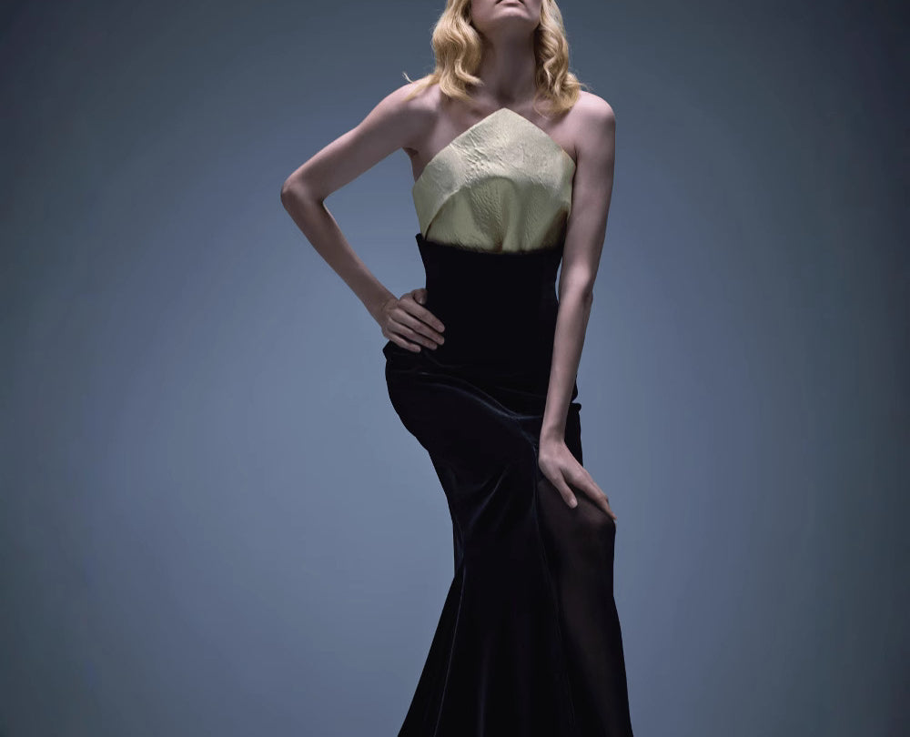 Stitching Black Velvet Slit Long Dress High Waist Slimming Sexy Fishtail Evening Dress