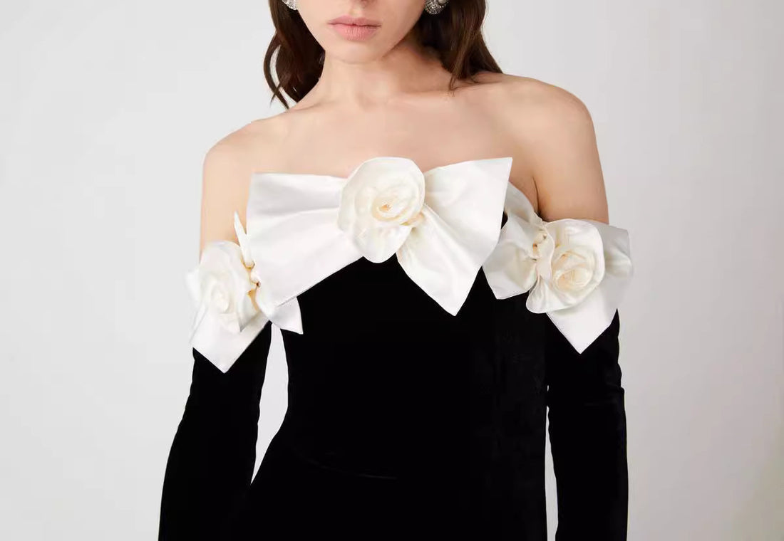 off-shoulder long-sleeved dress Hepburn fishtail dress bow flower