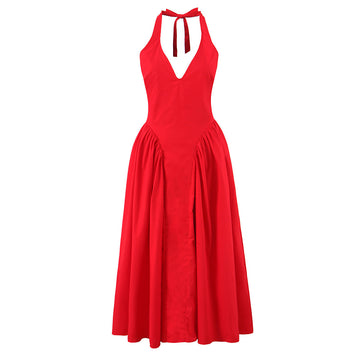 Red Elegant Sexy Deep V Waist-Cinching Halter Neck Mid-Length Dress for Women