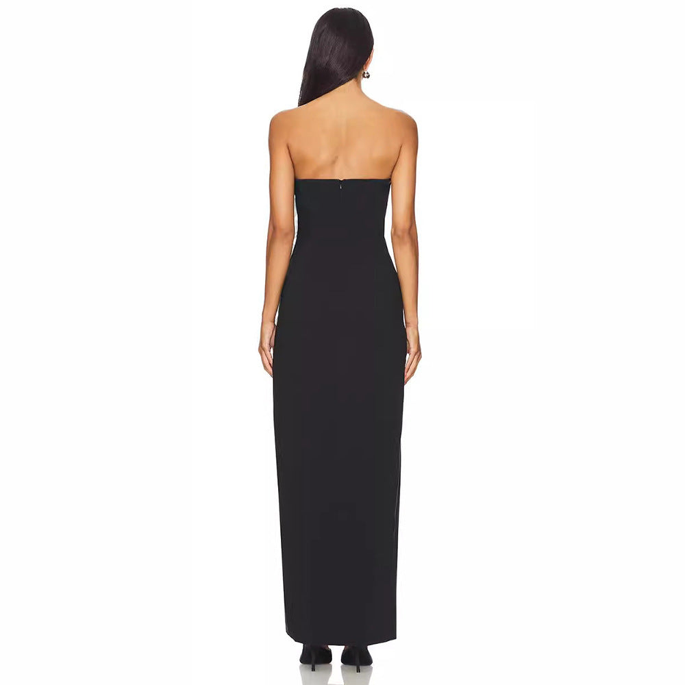Sexy Fashion Black Strapless Side Bow Elegant Long Dress
