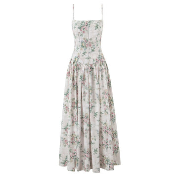 house French Style Vacation Gentle Floral Waist-Cinching Strapless Mid-Length Dress for Women