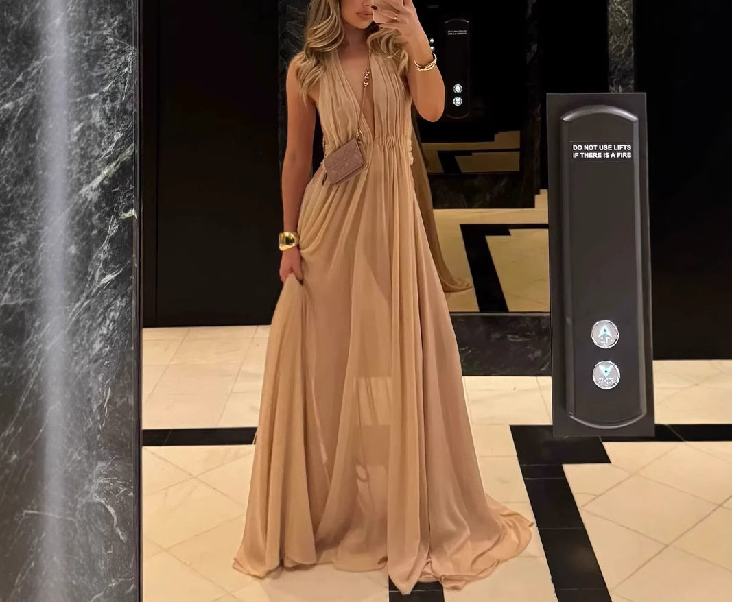 French Style Sexy Backless Deep V Elegant Halter Neck Dress with Draping Effect, Super Fairy-like Vacation Long Dress