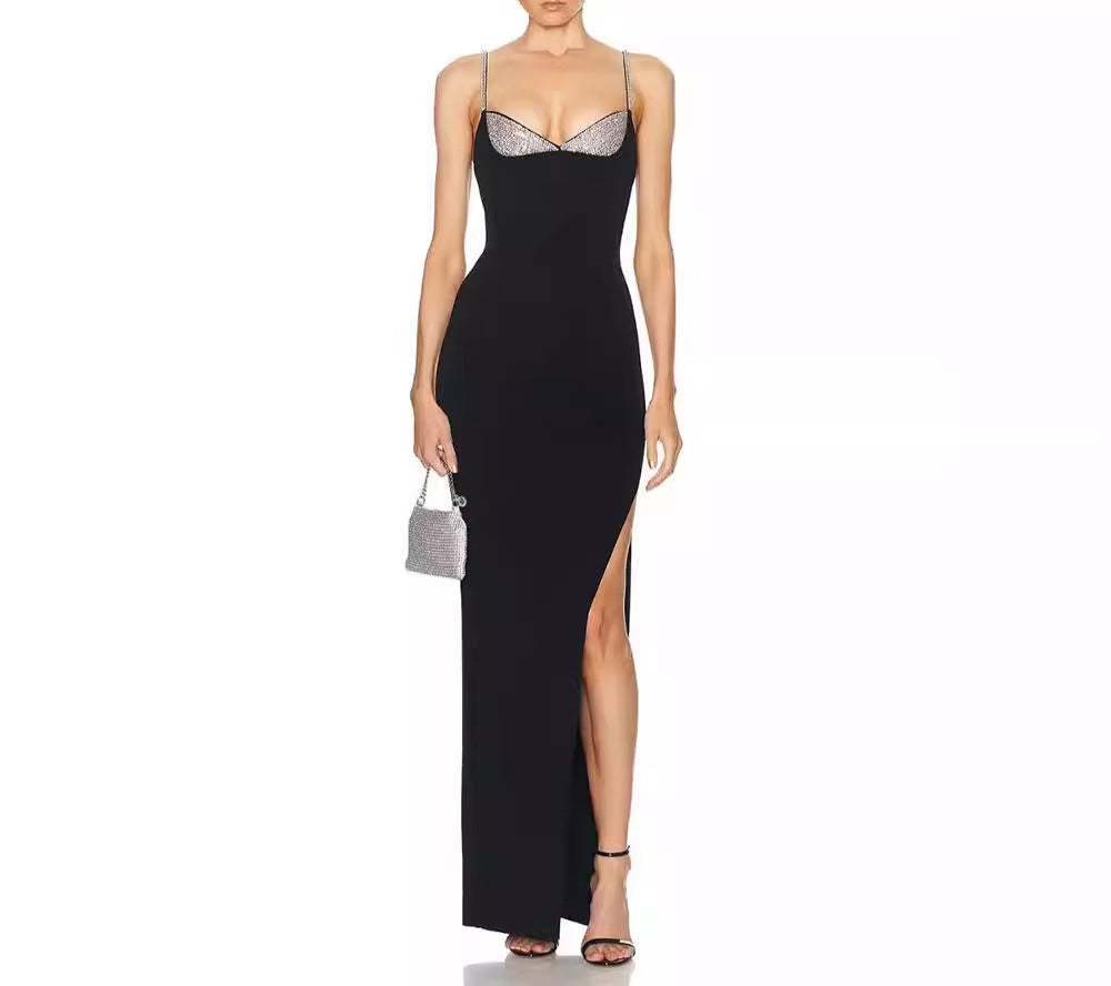 Fashion Split Black Bandage Rhinestone Dress