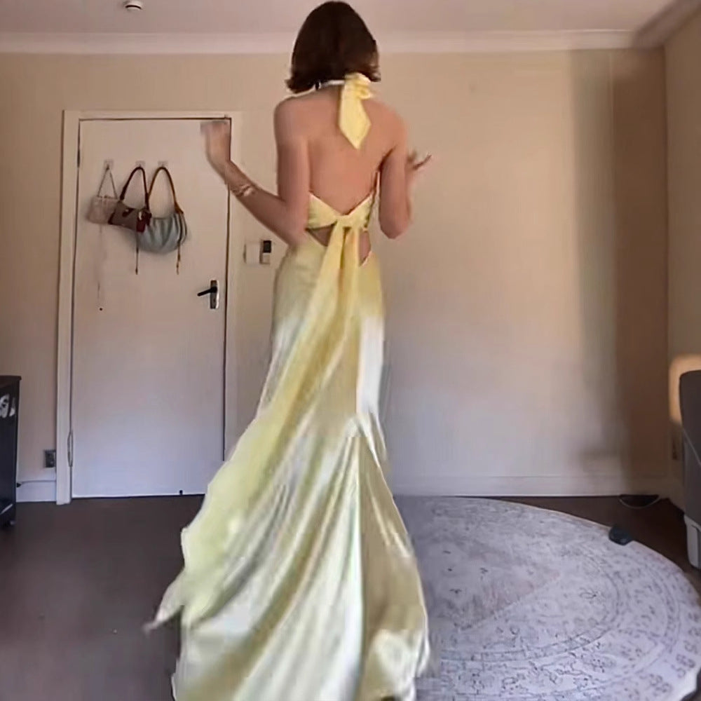 French Yellow Acetate Strap Halter Gold Feeling Dress Summer Slimming Backless Dinner Suit Daily Wearable