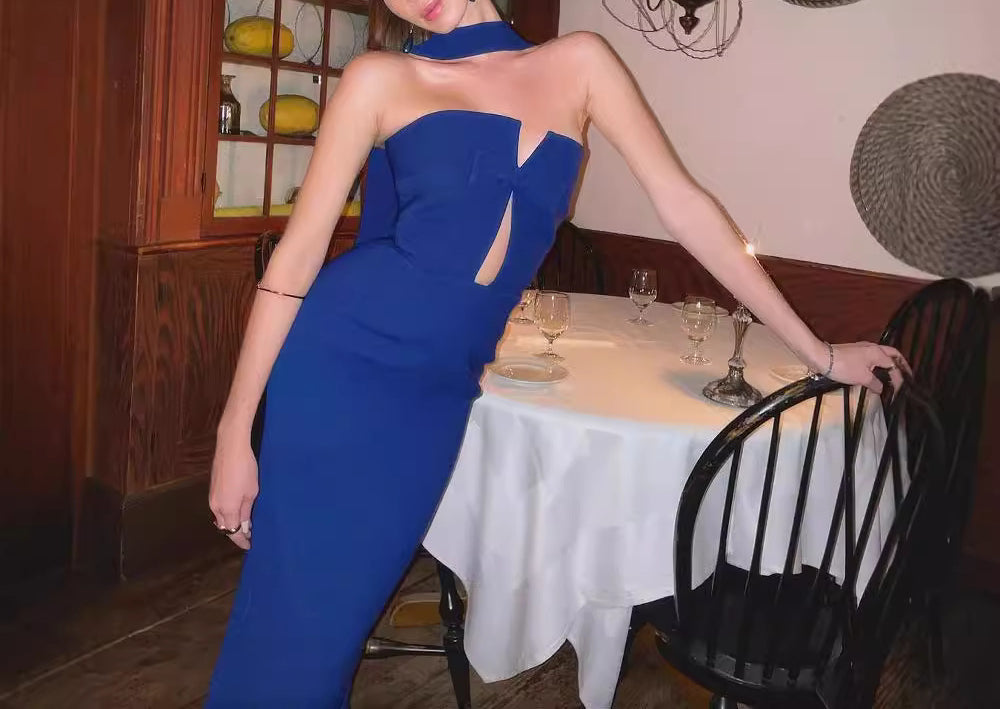 Off-Shoulder Bowknot Hollow Design Split Solid Color Bandage Dress