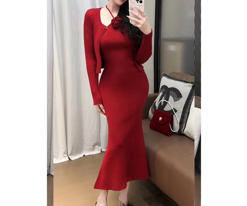 Knitted Cardigan Sweater Slim Fit Dress Long Dress Halter Neck Backless Floral Decoration Two-Piece Set Elegant Socialite Women