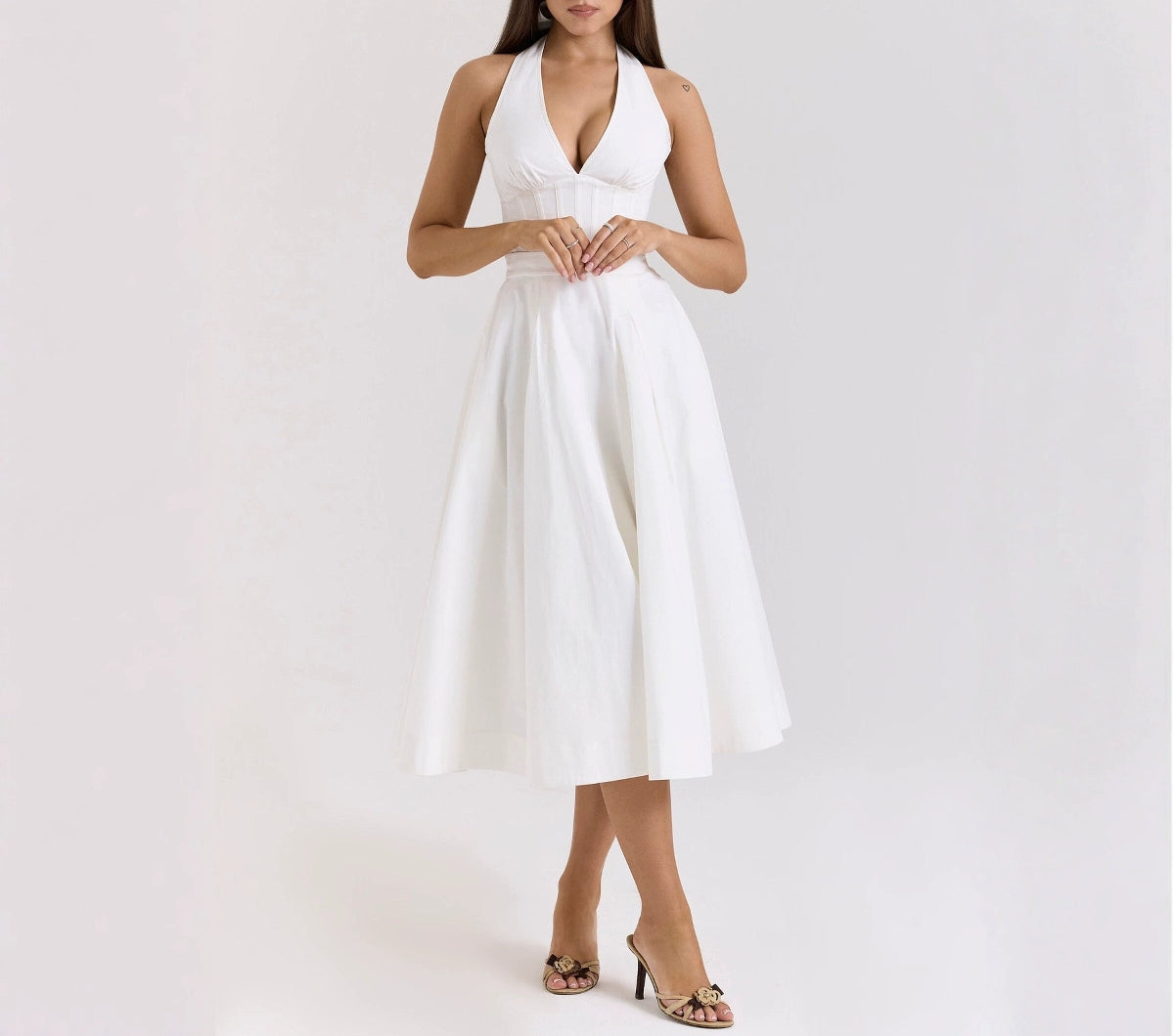 Vacation White Sexy Deep V Backless Bow Tie Halter Neck Mid-Length Dress for Women
