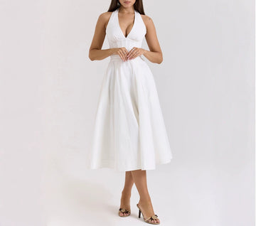 Vacation White Sexy Deep V Backless Bow Tie Halter Neck Mid-Length Dress for Women