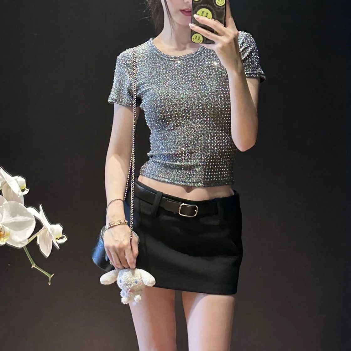 Niche Fashion Trend Rhinestone Short T-Shirt Slim Fit Niche Versatile Simple Short Sleeve