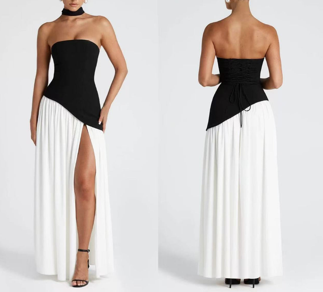 Color Matching Women's Clothing Strapless Dress European and American Style Temperament Youthful-Looking Sexy off-Shoulder Dress