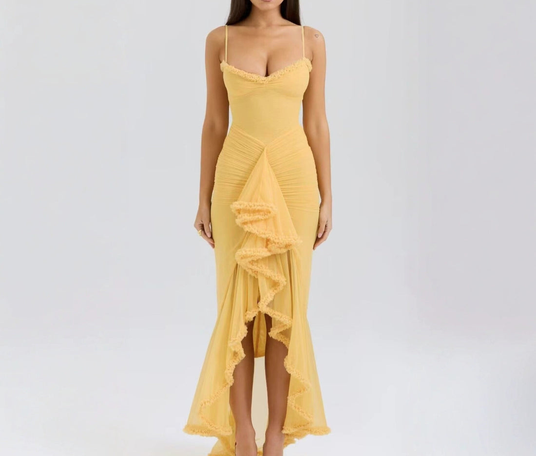 High-end Mesh Strap Ruched Irregular Sleeveless Dress Fashionable Design Long Dress
