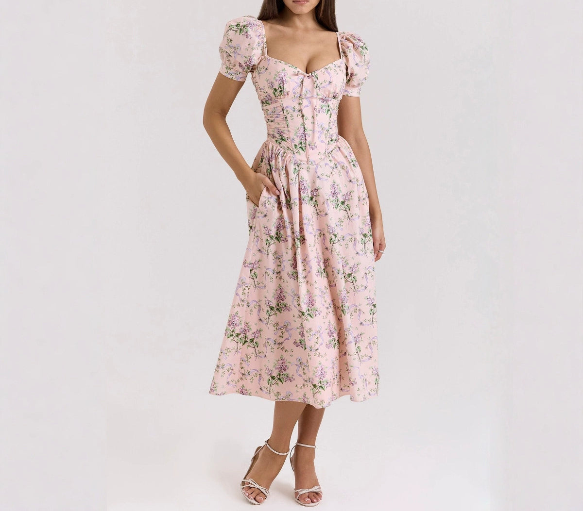 Romantic Pink Fresh Bubble Short-sleeved Square Collar Slimming Mid-length Floral dress