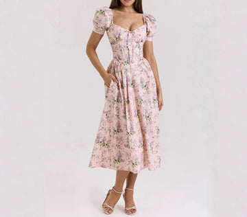 Romantic Pink Fresh Bubble Short-sleeved Square Collar Slimming Mid-length Floral dress