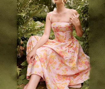 French Country Style Pink Printed Ribbon Tie Square Neck Strap Pure Desire Waist-Cinching Pocket Dress
