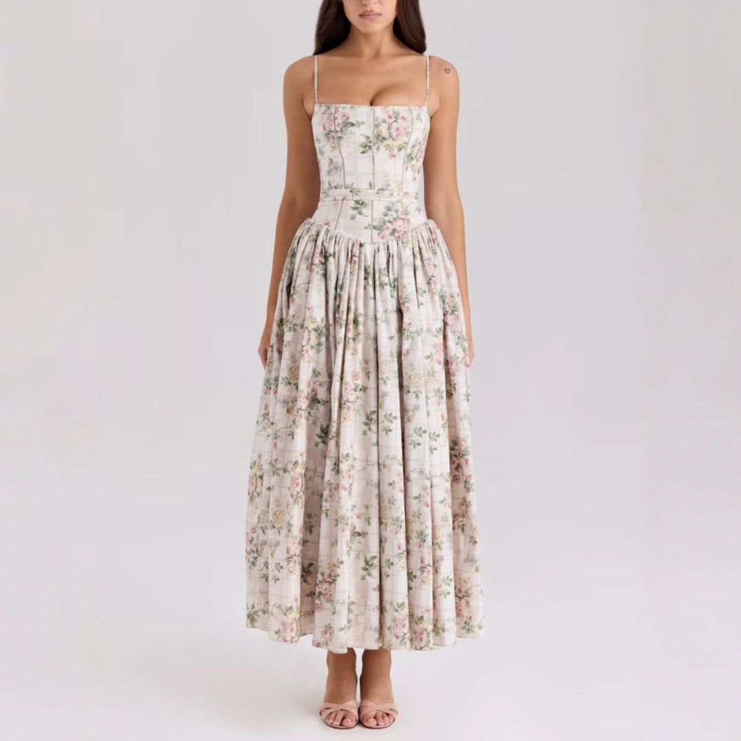 house French Style Vacation Gentle Floral Waist-Cinching Strapless Mid-Length Dress for Women